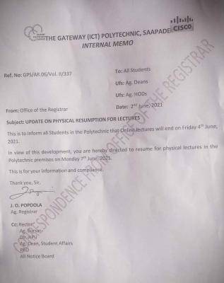 Gateway Polytechnic notice on physical resumption of lectures