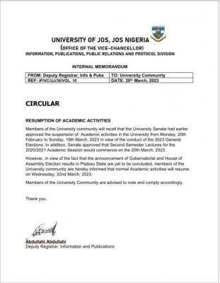 UNIJOS notice on resumption of academic activities