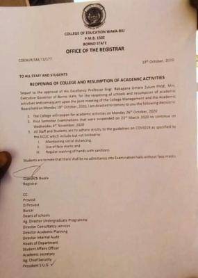 College of education Waka-Biu announces resumption date