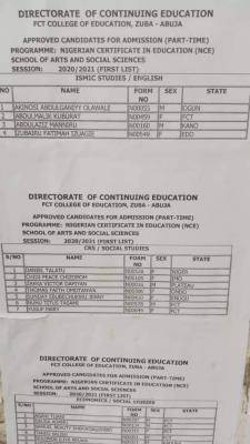 FCT College of Education, Zuba 1st Batch NCE Part-time admission List