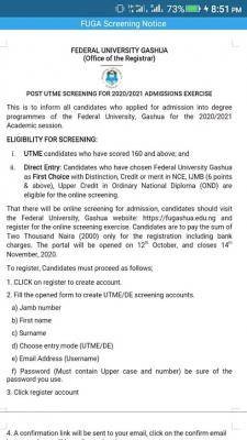 FUGASHUA Post-UTME/DE 2020: Cut-off mark, Eligibility, and Registration Details