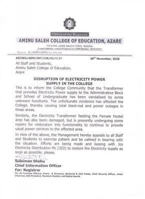 Aminu Saleh COE notice to staff and students on disruption of electricity power supply