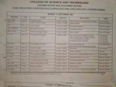 Jigawa Polytechnic 1st semester examination timetable, 2020/2021