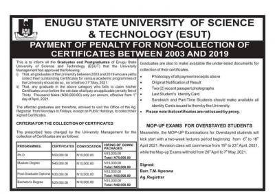 ESUT notice on mop-up exams for overstayed students