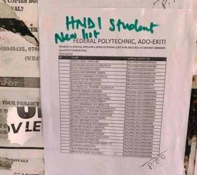 Fed Poly Ado new batch HND evening admission list, 2022/23