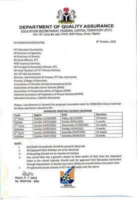 FCT resumption date and calender for 2020/2021 academic session