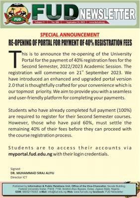 FUDutse notice on reopening of portal for payment of 40% registration fees
