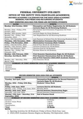 FUOYE releases revised academic calendar for fresh & returning students, 2023/2024