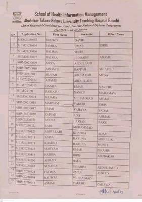 School of Health and Information Management (ATBUTH) ND admission list, 2023/2024