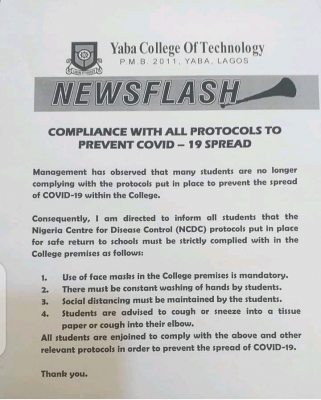 YABATECH notice to students on compliance with all COVID-19 protocols