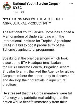 NYSC signs MoU with IITA to boost agricultural productivity