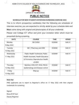 Kebbi State College of Health interview/screening schedule for  new students