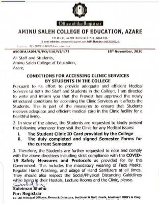 Aminu Saleh COE notice on access to clinic services by students of the institution