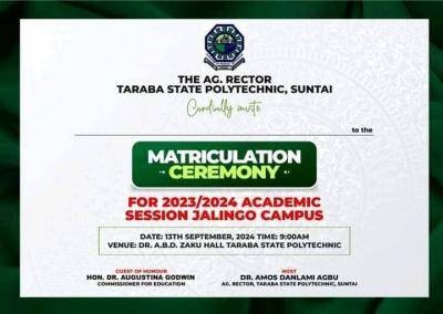 Taraba State Polytechnic announces matriculation ceremony for 2023/2024 session