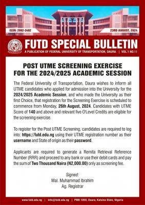 FUTD Post-UTME 2024: cut-off mark, eligibility and registration details