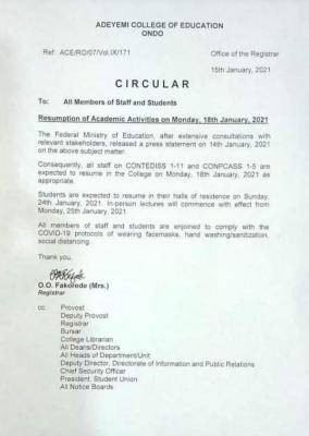 ACEONDO notice on resumption to staff and students