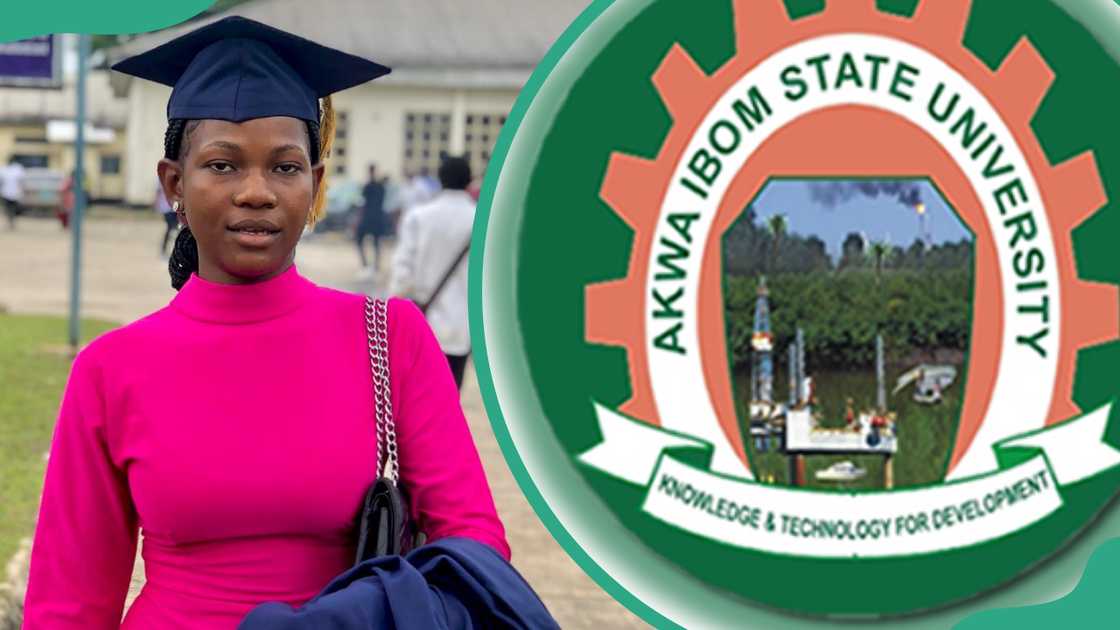 A young lady in a graduation cap (L). The AKSU logo (R)