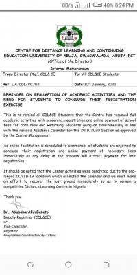 UNIABUJA Centre for Distance Learning notice on resumption