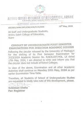 Aminu Saleh COE update on conduct of degree 1st semester exam, 2023/2024