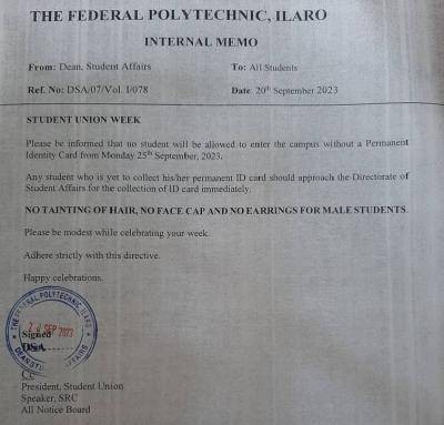 Fed Poly, Ilaro notice to students on Union Week