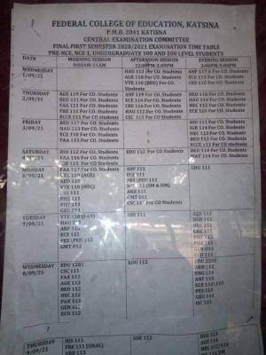 FCE katsina first semester 2020/2021 examination timetable