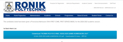 Ronik Polytechnic first batch admission list for 2020/2021 session