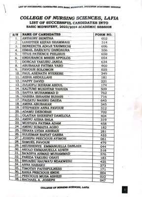 College of Nursing Science and Midwifery Lafia admission list, 2023/2024 (Batch B)