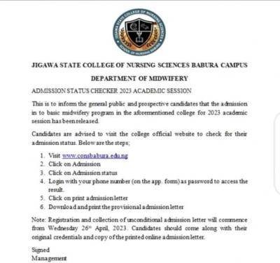 Jigawa State College of Nursing Sciences Basic Midwifery admission list, 2023