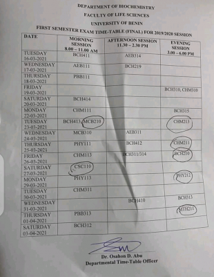 UNIBEN 1st semester exam time table for 2019/2020 session