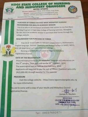 Kogi College of Nursing, Obangede Post Basic Nursing admission form, 2023/2024