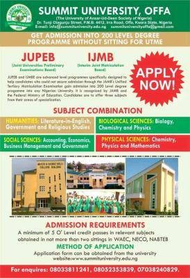 Summit University JUPEB and IJMB programme admissions, 2021/2022