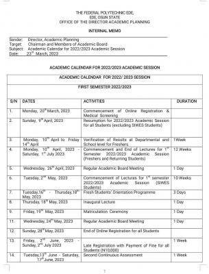 Fed Poly Ede academic calendar for 2022/2023 session