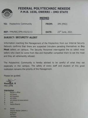 Fed Poly, Nekede notice to students on security