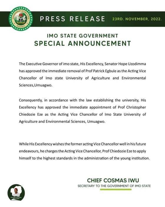 Governor Uzodimma sacks Imo university VC