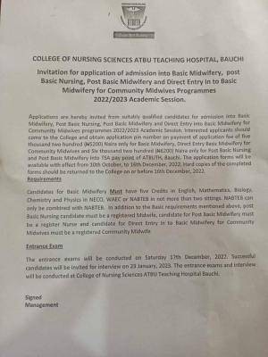 ATBU Nursing admission forms for 2022/2023 session