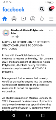 MAPOLY notice on resumption of academic activities