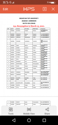 Mountain Top University batch 6 admission list , 2020/2021