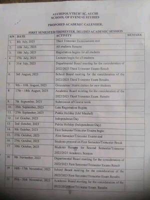 Auchi Polytechnic, School of Evening Studies proposed academic calendar, 2022/2023 session