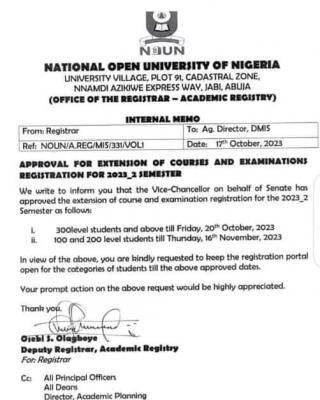 NOUN approves extension of courses & examinations registration for 2023_2 semester