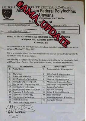 Akanu Ibiam Federal Polytechnic important update regarding upcoming EED examinations