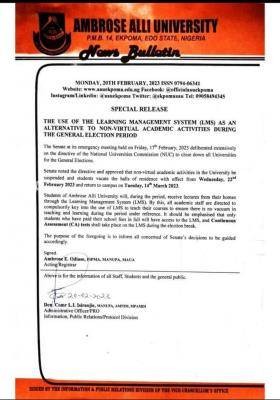 AAU Ekpoma notice to students on the use of LMS during election break