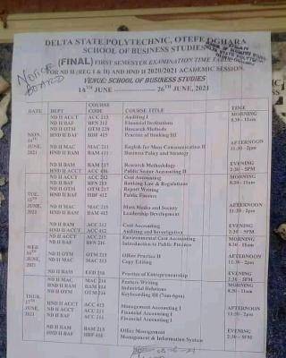 Delta Poly Otefe-oghara 1st semester exam time-table, 2020/2021