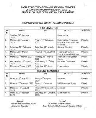 FCE Zaria-UDUSOK proposed academic calendar, 2022/2023