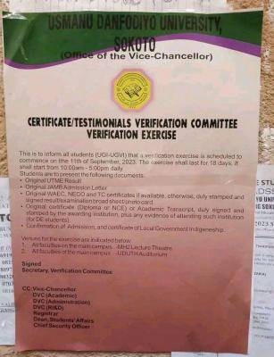 UDUS notice of certificate/testimonial verification exercise