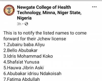 Newgate College of Health, Minna notice to it's Students