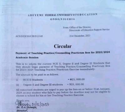 Adeyemi COE notice on payment of teaching practice/counseling practicum fees, 2023/2024