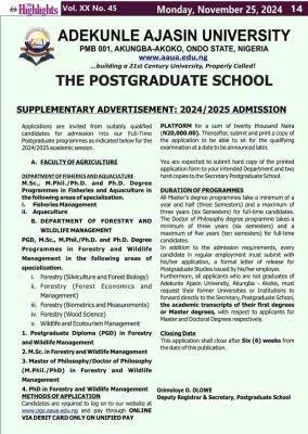 AAUA releases supplementary Postgraduate admission form, 2024/2025