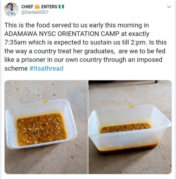 Corps Member Cries Out Over Poorly Served Food in Camp