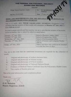 Fed Poly Ado-Ekiti notice to HND graduating students on requirements for collection of Results