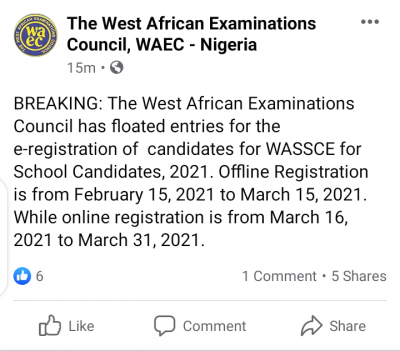 WAEC announces registration for 2021 May/June SSCE